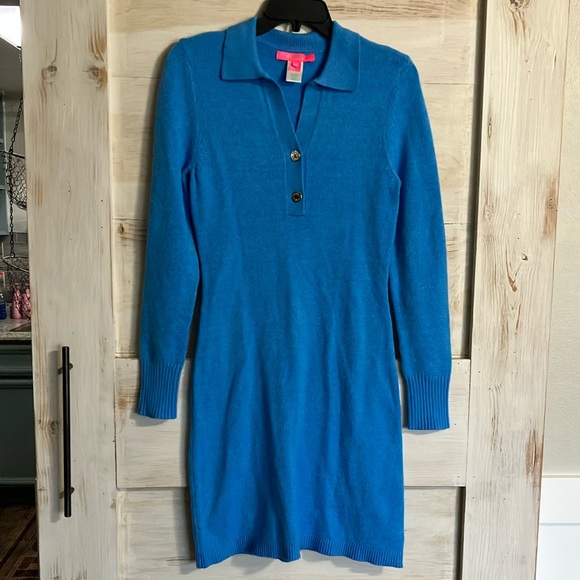 Lilly Pulitzer Lizona Sweater Dress Blue / Gold Size Small EUC - Picture 1 of 6
